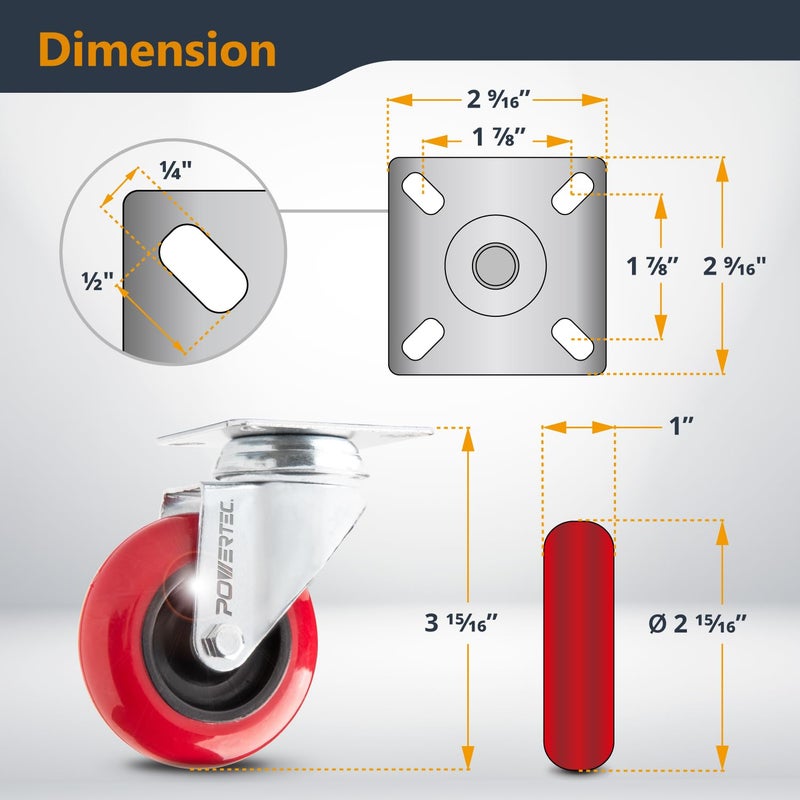 POWERTEC 3 Inch Swivel Caster Wheels Set of 4 with 640 lbs Loads, Heavy Duty Plate Casters, PU Castor Wheels for Furniture, Cart, Dolly and Workbenches (17206) - Image 5